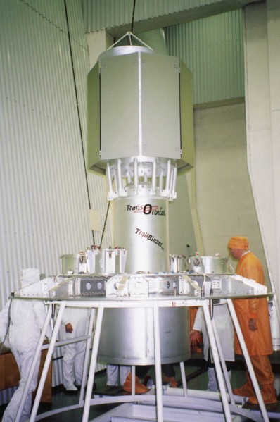 baikanur, kazakhstan, december 15 2002: model of a us space apparatus is prepared for the launch (in pic), together with five foreign satellites it is to be launched into orbit by a conversion missile...