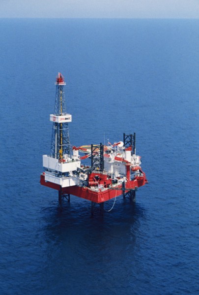 An offshore oil drilling rig 'astra' belonging to lukoil on the caspian sea, astrakhan region, russia, 2000.