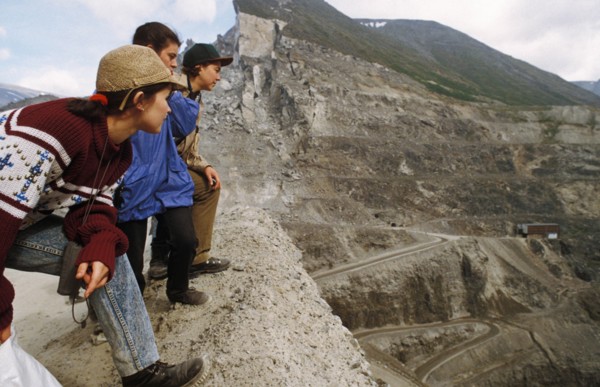 Student hikers watching the mining of apatite at the kirov mine on the kola peninsula in the murmansk region of russia.
