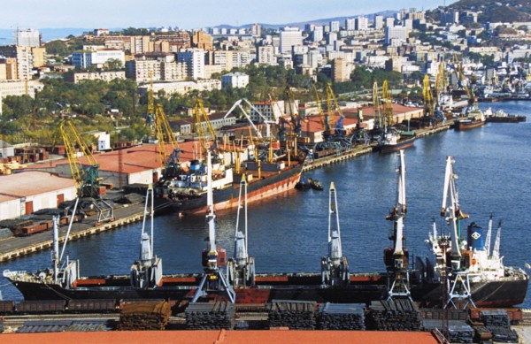 Shipping vessels in the port of vladivostok in russia.