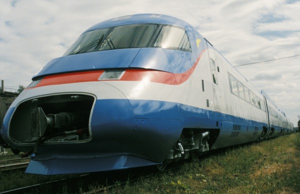 The new 6-car sokol-250 high speed passenger train near st, petersburg, russia, 2001.