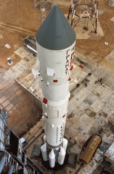Russian proton rocket carrying the astro observatory, granat, being prepared for launch, 1989.