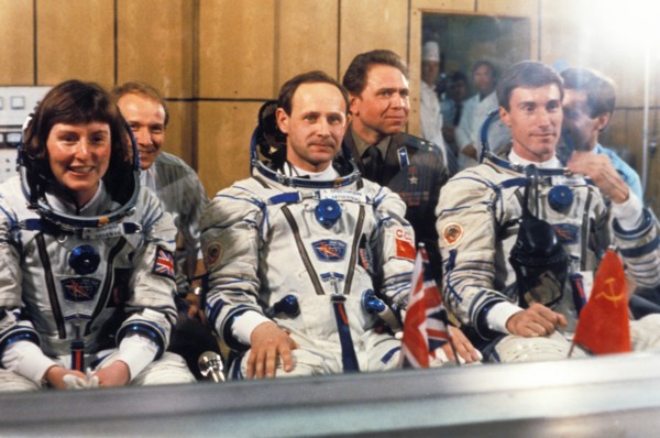 Soyuz tm-12, cosmonauts helen sharman (uk), anatoly artsebarsky, and sergei krikalev prior to launch, 1991.