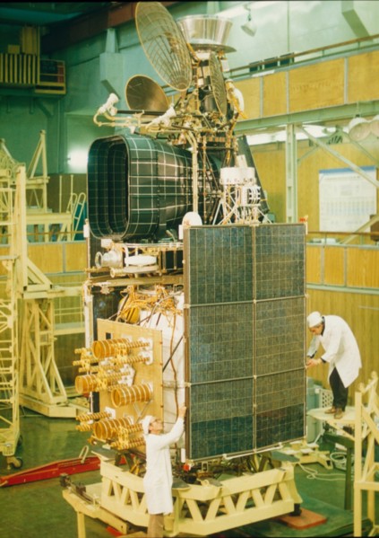 A meteorological satellite in assembly.