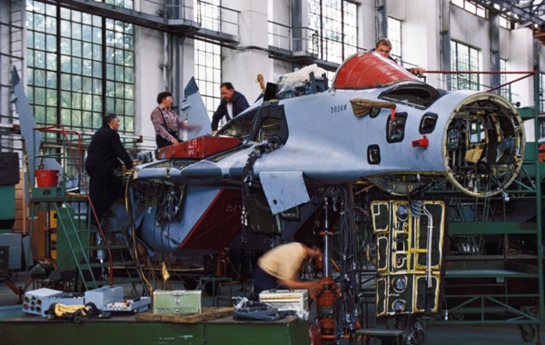 A mig-29 jet fighter plane being built at the moscow aviation association, russia.