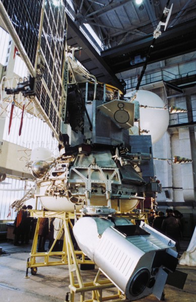 The soviet space probe vega 1 or 2 in the assembly and testing shop, the bottom of the platform carries video cameras, 1984, the international project included specialists from austria, bulgaria, czec...