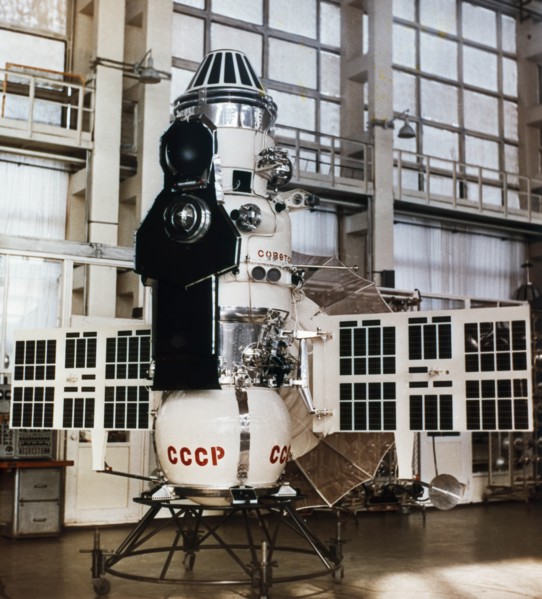 Soviet space probe venera 7 in the testing and assembly area, 1970.