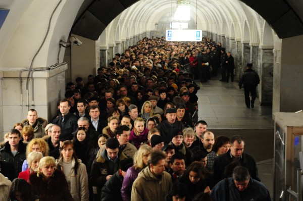 Moscow, russia, march 29, 2010, crowds of commuters walk past a sealed-off area in park kultury metro station, sokolnicheskaya line of the moscow underground, an explosion rocked the metro station at ...