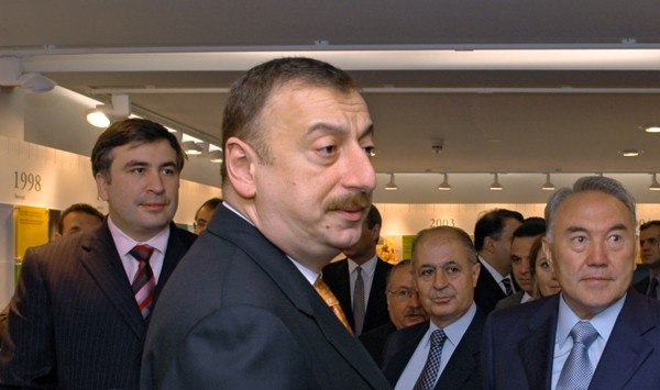 Azerbaijan, may 25, 2005, azerbaijani president ilham aliev (foreground), georgian president mikhail saakashvili, turkish president ahmet necdet sezer and president of the republic of kazakhstan nursu...