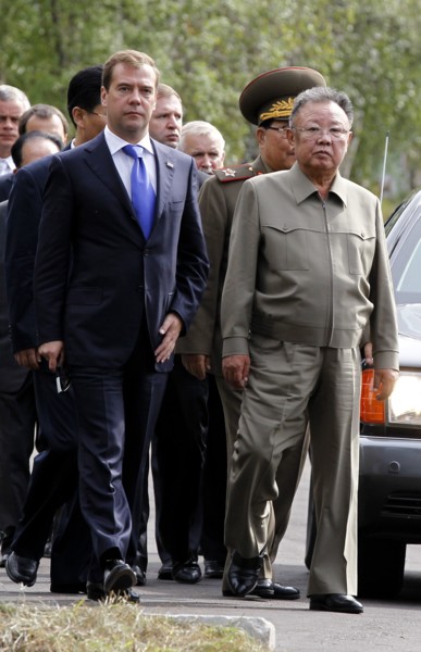 Ulan-ude, russia, august 24, 2011, russia's president dmitry medvedev and kim jong-il (kim jong il), the leader of the democratic people's republic of korea (north korea), the chairman of the national...