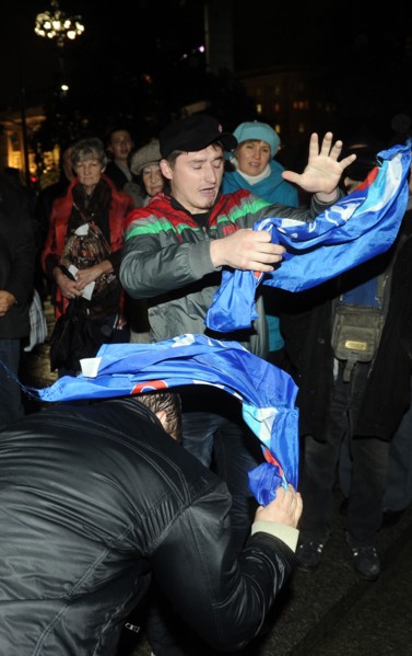 Moscow, russia, october 12, 2011, demonstrators attend an authorised day of wrath protest in triumfalnaya square.
