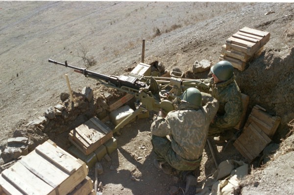 A machinegun emplacement of the itum-kale russian borderguards detachment stationed in the south of argun ravine in chechnya where the antiterrorist operation is in full swing now, the russian borderg...