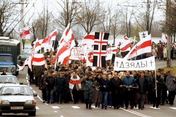 Minsk, belorussia, october 29, 2000, a view of the funeral mach to kuropaty, in the outskirts of minsk where tens of thousands of innocent people had been shot dead during the years of the stalinist p...