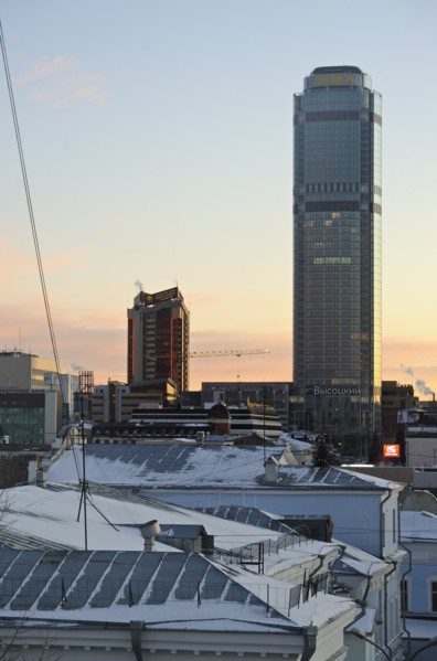 Yekaterinburg, russia, november 28, 2011, night view of vysotsky business centre, a 54 storey skyscraper (r).