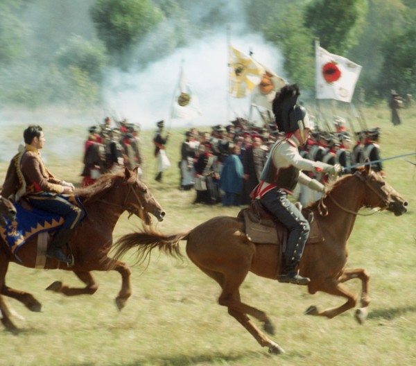 Moscow region, russia, september 3, 2001, a cavalry attack is performed by the participants in the military historical reconstruction of the borodino battle of the war with napoleon of year 1812, pict...