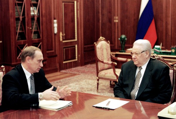 Moscow, russia, march 25, 1999, russian president boris yeltsin (r) talking with director of the russian federal security service (fsb) vladimir putin in the kremlin,on monday vladimir putin was appoi...