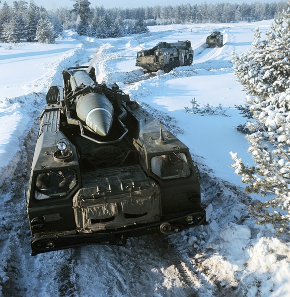 Tactical operational missile complexes 'tochka' rolling through during the military exercises, january 25, 1971.