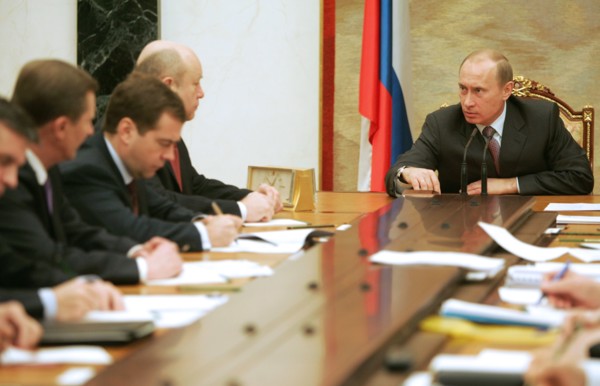 Defence minister sergei ivanov, first deputy prime minister dmitry medvedev, prime minister mikhail fradkov and russian president vladimir putin (l-r) seen at a meeting with the cabinet ministers in t...