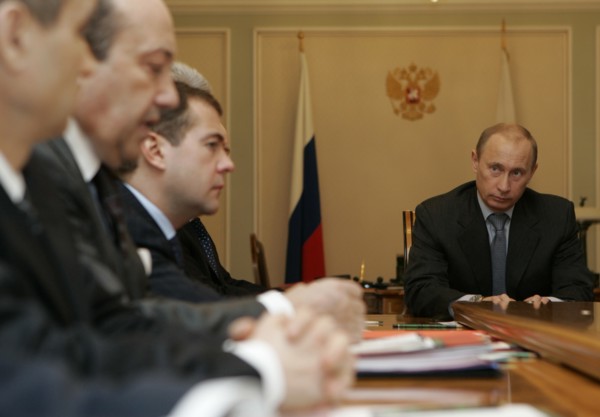 Interior minister rashid nurgaliyev, security council secretary igor ivanov, russian first deputy prime minister dmitry medvedev and russian president vladimir putin (l-r) seen during a security counc...