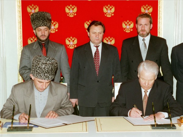 A treaty on peace and principles of mutual relations between the russian federation and the chechen republic of ichkeria has been signed today, on may 12, 1997 by president boris yeltsin and chechen l...