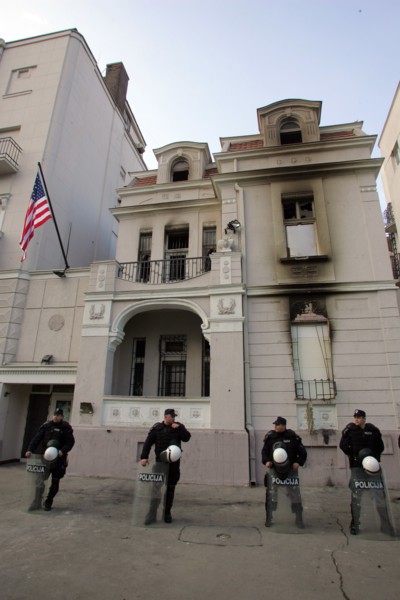 Police officers guarding the us embassy in belgrade, serbia, february 25, 2008.