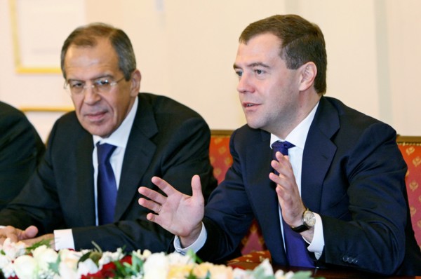Russian president dmitry medvedev and russian foreign minister sergei lavrov (r-l) appear at the russian- armenian talks, yerevan, armenia, october 21, 2008.
