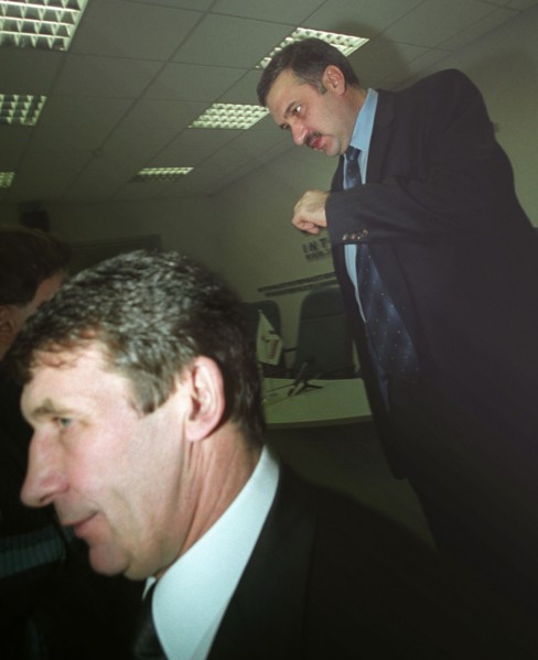 Moscow, russia, december 4, 2002, acting governor of magadan region nikolai dudov (l) and president of a group of companies ist alexander nesis (r) at today's press conference on opening of ore dressi...