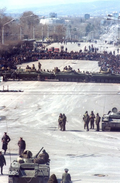 Soviet interior ministry riot units barricading a street in dushanbe, tajikistan, 1990.