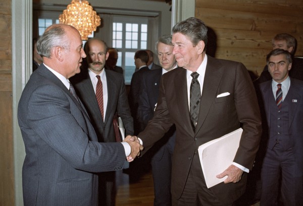 General secretary of the cpsu central committee mikhail gorbachev and president ronald reagan of the usa during their summit meeting in reykjavik, iceland on october 11, 1986.