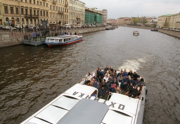 Tourist boat on fontanka river, st, petersburg, russia, may 2002.