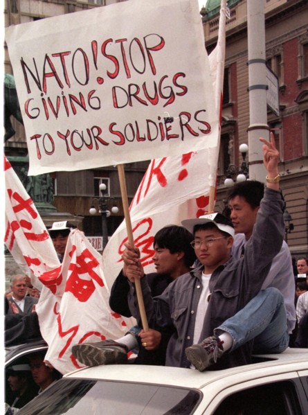 Belgrade,yugoslavia, may 9 2001, in response to the bombing of the chinese embassy in belgrade, about 200 young chinese rally in downtown belgrade on sunday demanding to end the nato`s bombing of yugo...