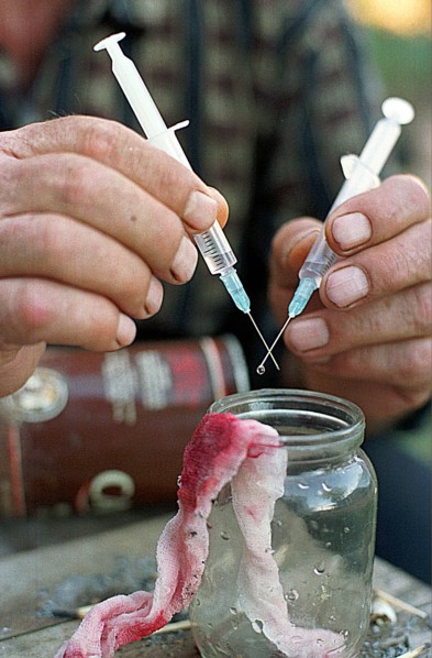 Orenburg, russia, 2001, the sharing of syringes (needles) by drug addicts is a leading cause of the spread of aids.