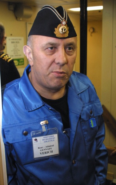 Kursk submarine tragedy, barents sea, russia, august 26 2001, chief of the group of russian divers, rear-admiral gennady verich on board of the mayo recovery ship, preapring to lift the sunken nuclear...