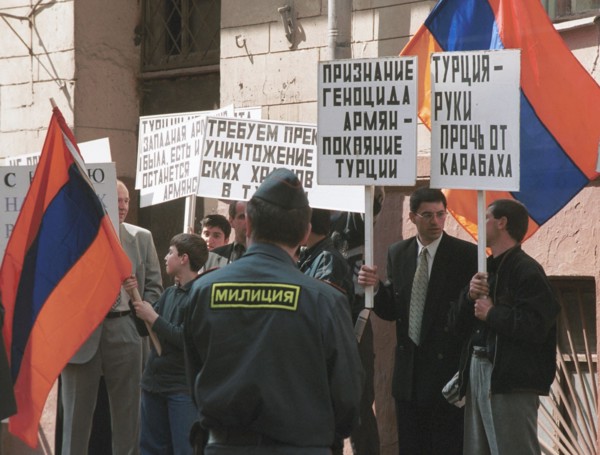 Moscow, april 24, 2001, some 70 armenias  attend a rally at the turkish embassy in moscow on Tuesday