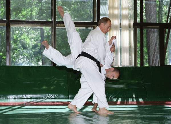 Russian president vladimir putin training in sambo wrestling in novo-ogaryovo presidential residence in june, 2002.