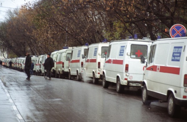 Moscow, russia,10/26/02: chechen hostage crisis: ambulances at the ready.