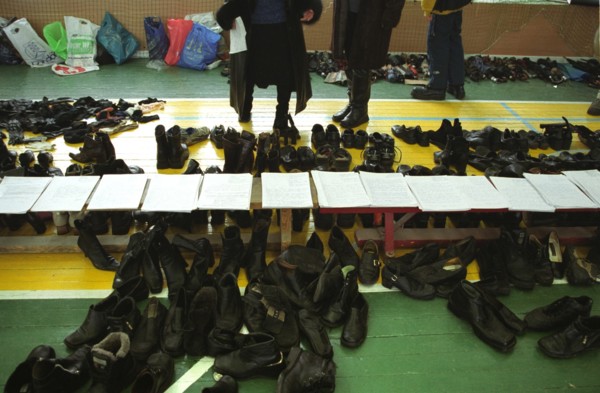 Moscow, russia, november 12 2002: former hostages retrieving their personal belongings at the sports hall of the dubrovka theatre centre on tuesday, the moscow prosecutor's office has started to retur...