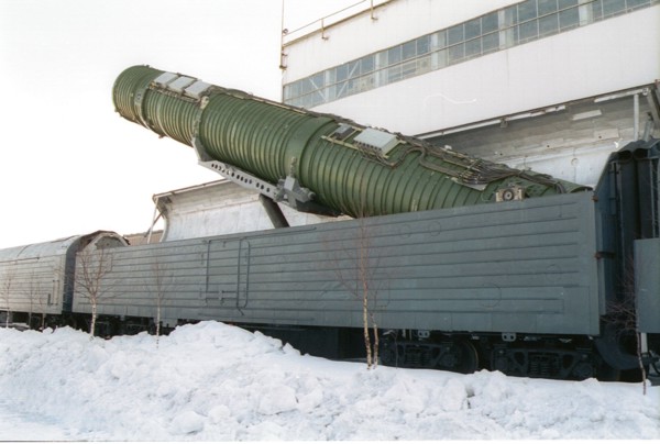 Russia, december 10 2002: picture shows an elevation of a solid-propellant intercontinental ballistic missile rs-22b (ss-24) installed on a combat railway missile complex , russian strategic missile f...