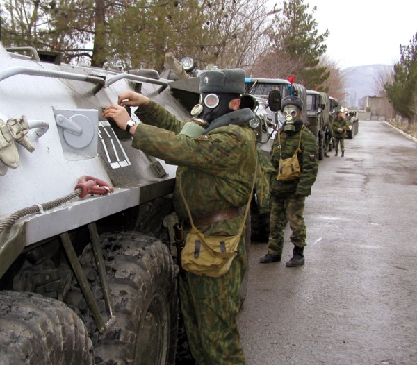 Tajikistan, february 18, 2002, servicemen pictured during the military exercises of the russian 201st division, held on the 'lyaur' training range in the south of tajikistan, units of a separate batal...