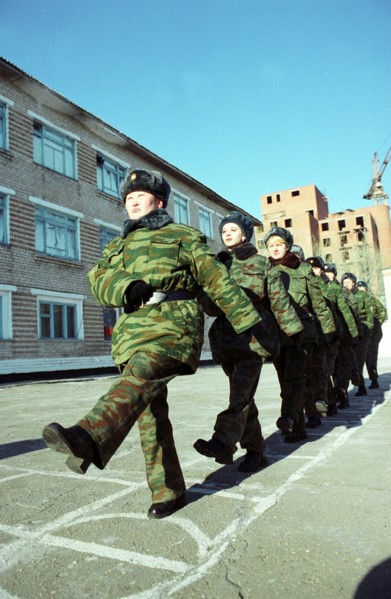 Chita region, russia, march 5 2003, marching drill (in pic) of students of border-crossing-points controllers school, the majority of the students are women, they must master small arms, cars and samp...
