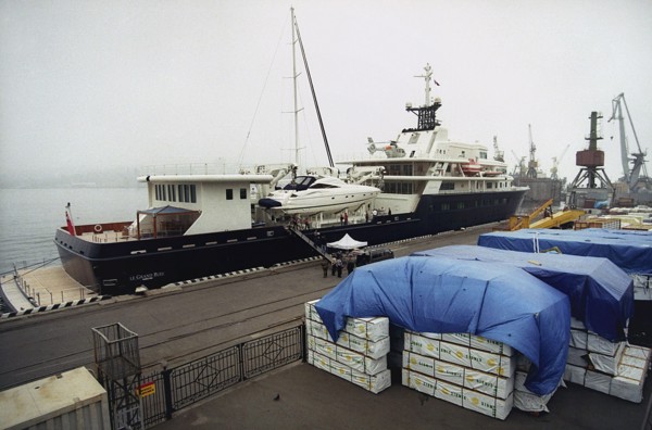 One of chukotka governor roman abramovich's fleet of mega-yachts moored in vladivostok harbor in russia, 2006.