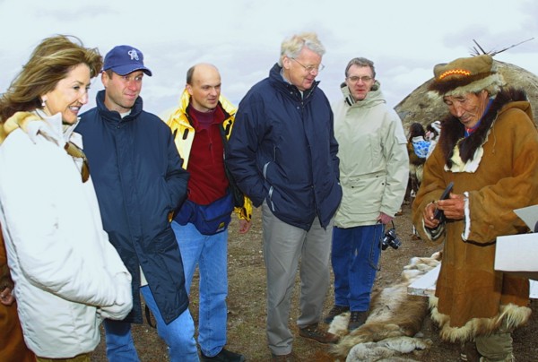 Roman abramovich, governor of chukotka region (2nd from left), visit of iceland president ragnar grimsson to chukotka, russia, august 22, 2003.