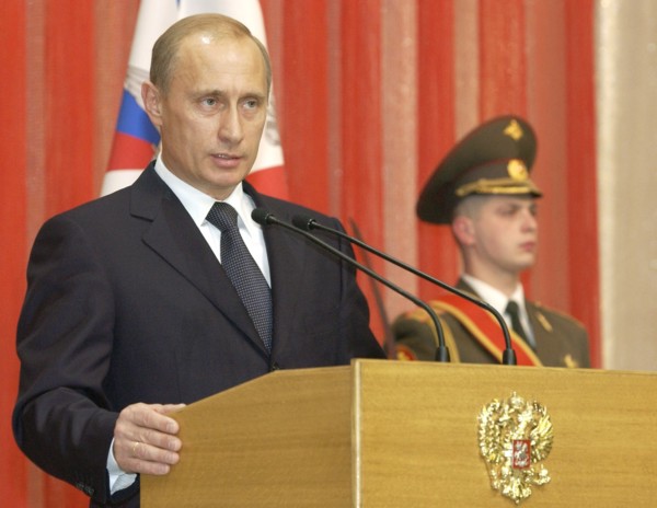 President of russia vladimir putin speaking at the solemn celebration of the fatherland defender's day in the kremlin palace, moscow, russia, february 22,2004.