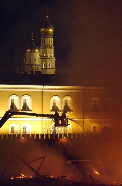 April 2004: devastating fire at central manezh exhibition hall, moscow, russia.