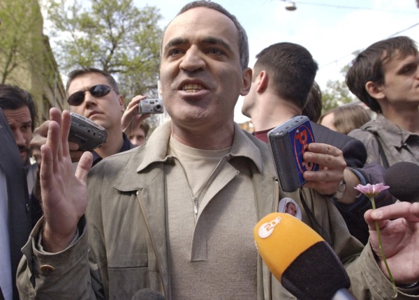 Chess grand master and politician garry kasparov participating in a picket staged in support of mikhail khodorkovsky outside the building of the meshchansky district court, moscow, russia, may 16 2005...