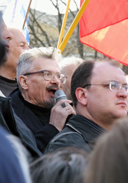 Leader of the national bolshevik party (nbp) eduard limonov speaks into microphone during the 'march of those who disagree' in st, petersburg, april 15, 2007, st, petersburg, russia.