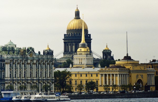 The admiralty and st, isaac's cathedral on the palace embankment on the neva river in st, petersburg, russia.