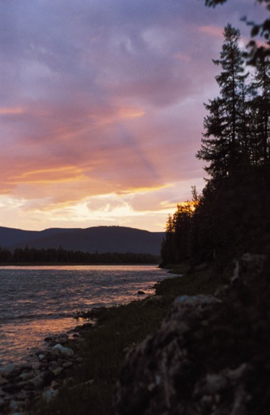 Sunset on the manya river in the ural region of siberia, october 2000.