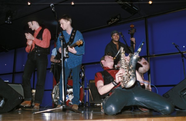 Popular moscow rock band mister twister performing on stage, moscow, russia, 1995.