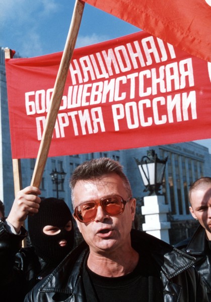 Eduard limonov, leader of the national bolshevik party, protesting the peace agreement with chechen seperatists, october 1996, moscow.